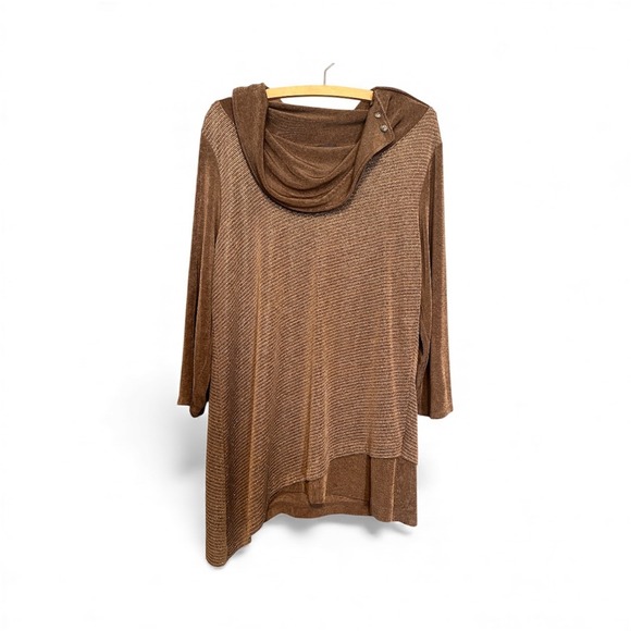 Chico's Tops - Chicos Travelers Metallic Brown Shimmer Cowl Neck Asymmetric Tunic Sz 1 US XL